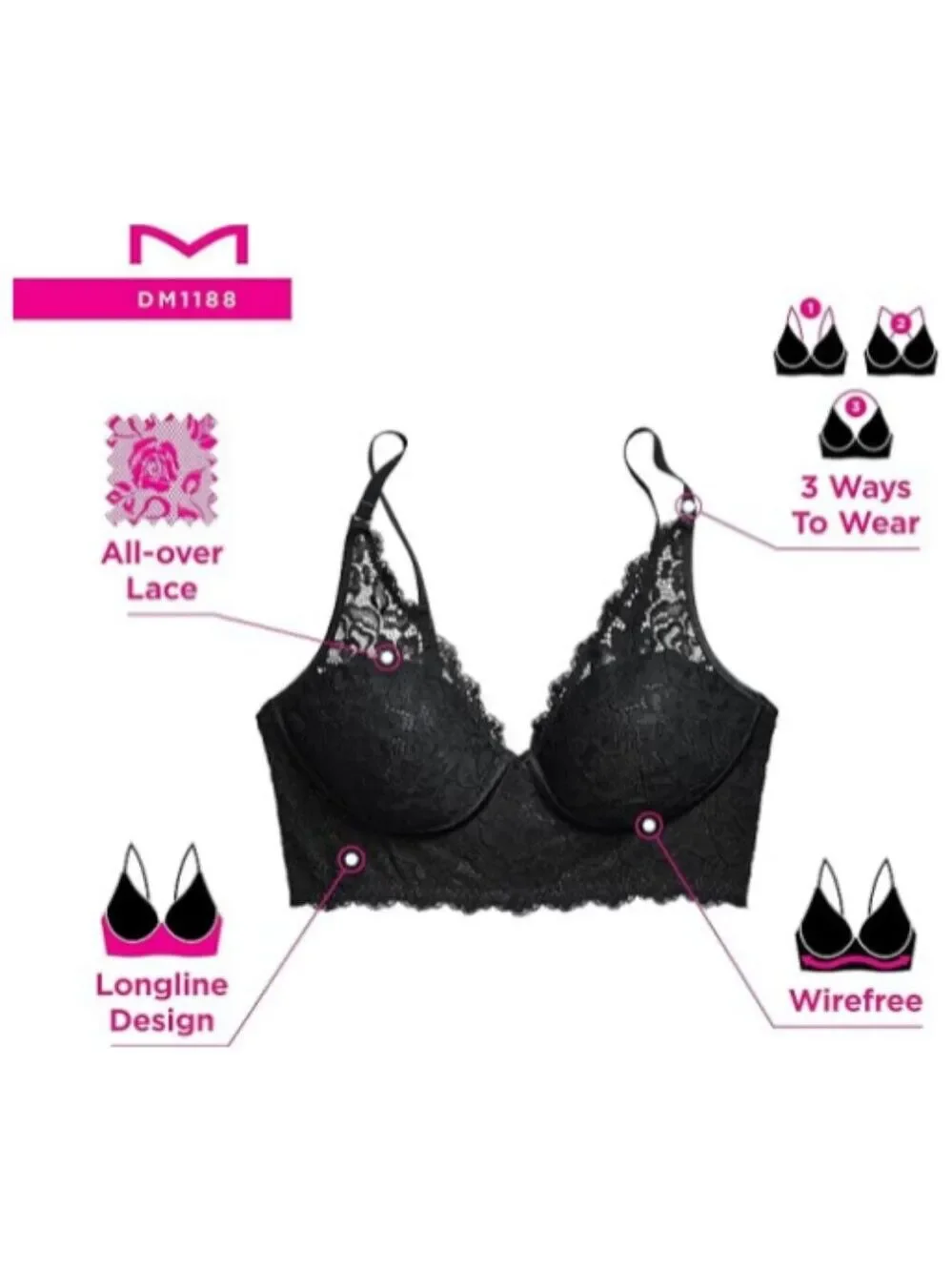 Maidenform Wireless Bralette, Convertible 40C Black NWT DM1188